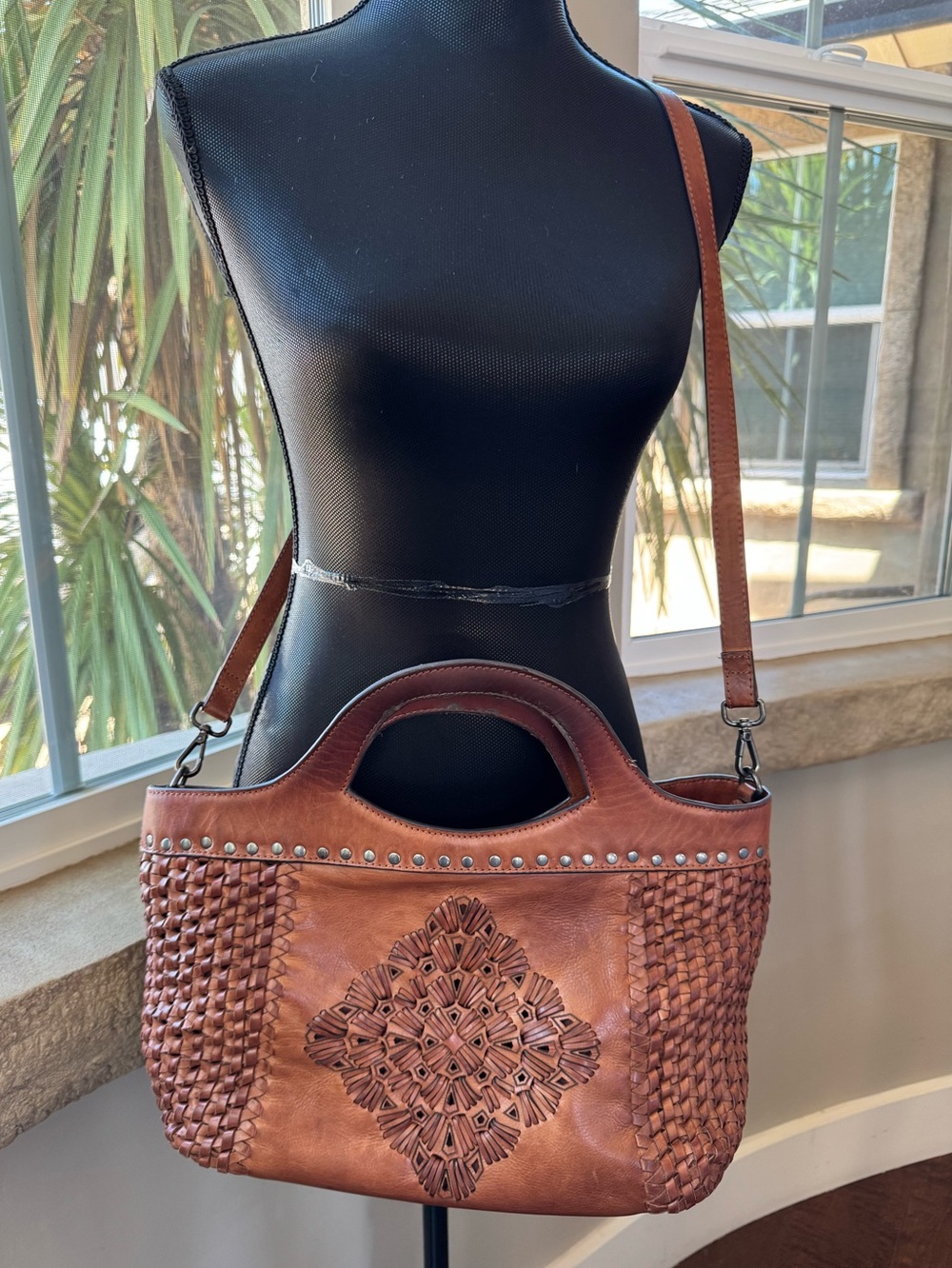 Handcrafted Brown Leather Woven Boho Mandala Shoulder Bag - Handbag - Purse - Picture 5 of 13